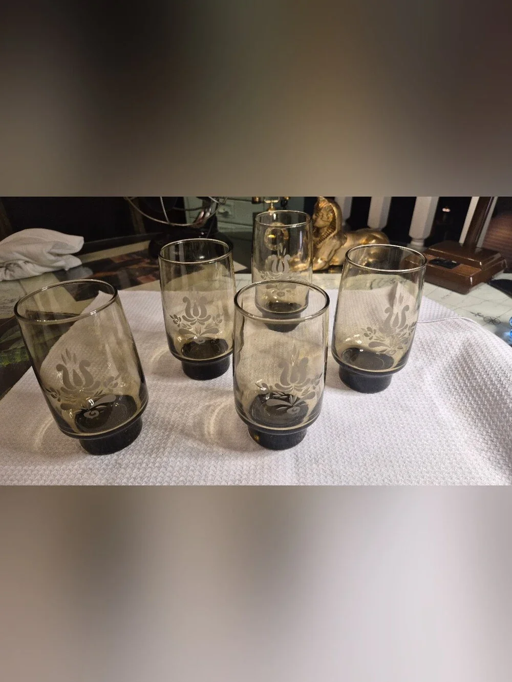 Smoked Glass Floral Etched Tumbler - Set of 6 VINTAGE
